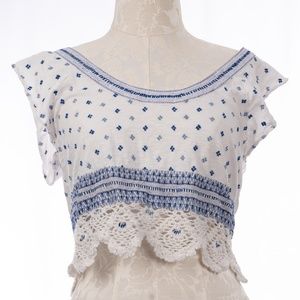 Free People Embroidered Crop Top with Lace Hem